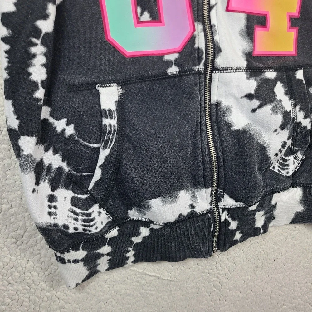 Justice Sport Girls Black White Tie Dye Zip Up Hoodie Neon Graphic Sweatshirt